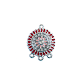 Kerek, piros összekötő, fülbevalóalap, medálalap, antik ezüst színű, 28x22 mm