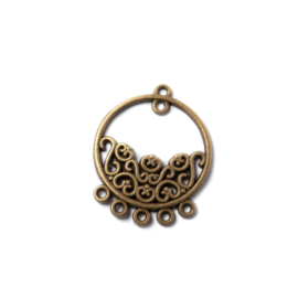 Kerek, mintás összekötő, fülbevalóalap, medál, antik bronz színű, 29x35 mm