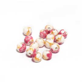 Rózsaszín virág mintás kerek porcelán gyöngy, 8 mm