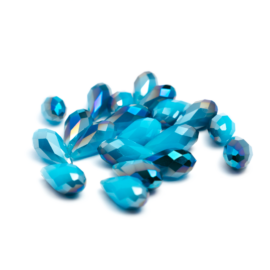 Opál kék és metál csiszolt csepp üveg gyöngy, 16x8 mm
