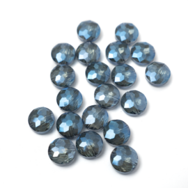 Kék kristály, lüszteres, kerek, csiszolt korong üveg gyöngy, 14x9 mm