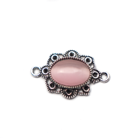 Ovális összekötő, rózsaszín macskaszem kabosonnal, antik ezüst színű, 29x18 mm