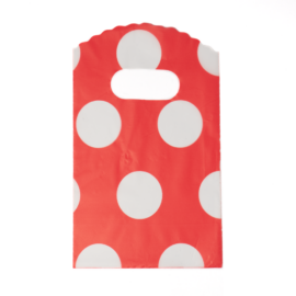 Piros, fehér pöttyös műanyag kis tasak, táska, ajándék zacskó, 14,5x9 cm