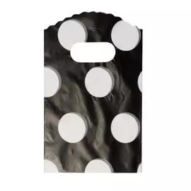 Fekete, fehér pöttyös műanyag kis tasak, táska, ajándék zacskó, 14,5x9 cm