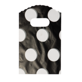 Fekete, fehér pöttyös műanyag kis tasak, táska, ajándék zacskó, 14,5x9 cm