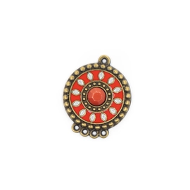 Piros, festett összekötő, fülbevalóalap, antik bronz színű, 28x23 mm