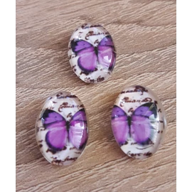 Lila lepke mintás üveglencse, kaboson, 18x13 mm