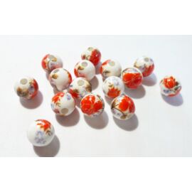 Piros virág mintás kerek porcelán gyöngy, 10 mm