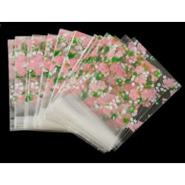 Rózsaszín virág mintás celofán tasak, ajándék zacskó, 10x7 cm