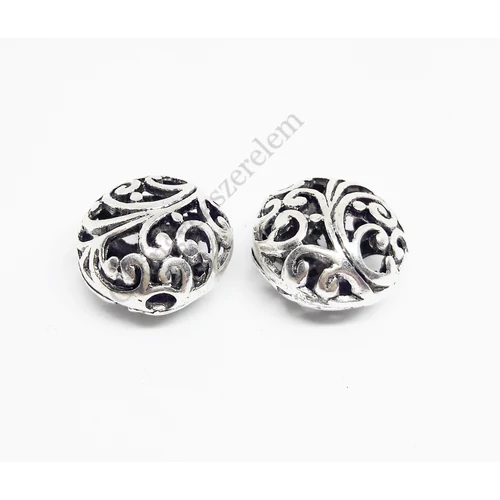 Áttört lapos, kerek köztes, antik ezüst színű, 17x12 mm