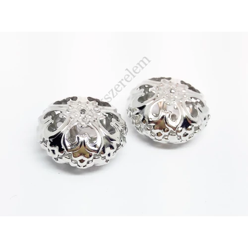 Áttört, lapos, kerek gyöngy, antik ezüst színű, 22x13 mm