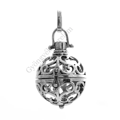 Kerek, áttört aromaterápiás medál, antik ezüst színű, 48x25 mm