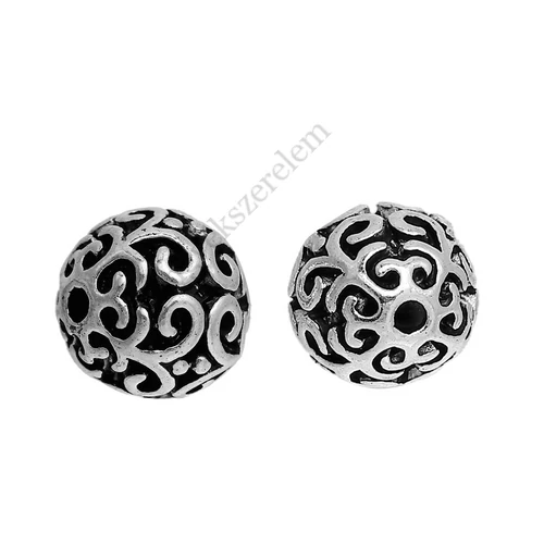 Áttört gömb köztes, antik ezüst színű, 10 mm