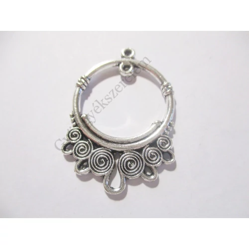 Csigavonalas összekötő, fülbevalóalap, medálalap, medál, antik ezüst színű, 33x24 mm