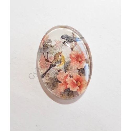 Vintage madár, virág mintás üveglencse, kaboson, 25x18 mm