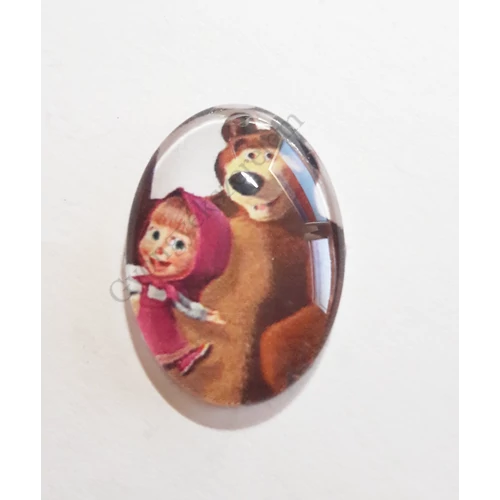 Mása és a medve mintás üveglencse, kaboson, 25x18 mm