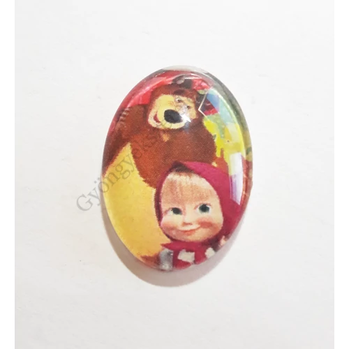 Mása és a medve mintás üveglencse, kaboson, 25x18 mm