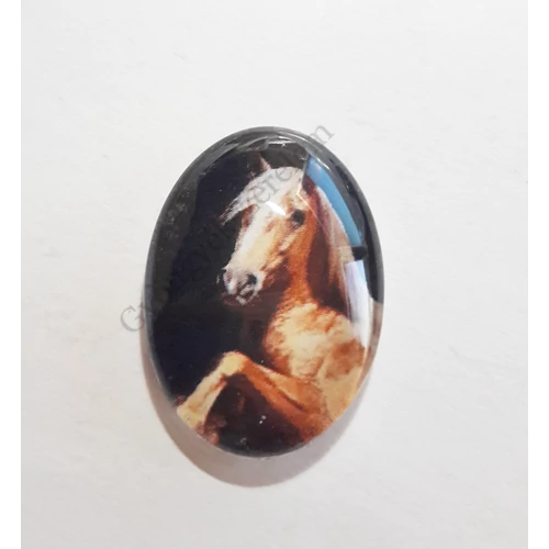 Ló mintás üveglencse, kaboson, 25x18 mm
