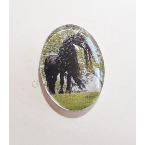 Ló mintás üveglencse, kaboson, 25x18 mm