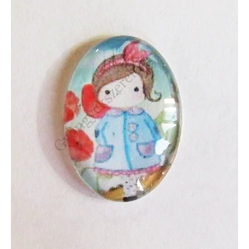 Kislány, pipacs mintás üveglencse, kaboson, 25x18 mm