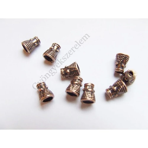 Kis, mintás kúp gyöngykupak, végzáró, vörösréz színű, 7x6 mm