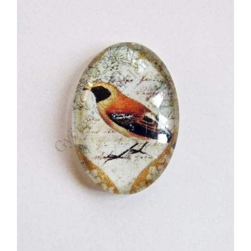 Vintage madár mintás üveglencse, kaboson, 25x18 mm