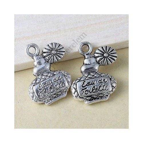 Parfüm, parfümös üveg fityegő, medál, antik ezüst színű, 17x14 mm