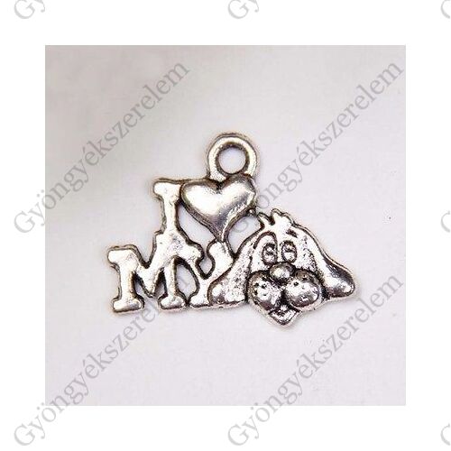 Kutya szív felirat fityegő, medál, antik ezüst színű, 18x14 mm