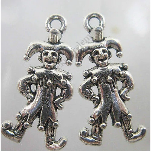 Bohóc fityegő, medál, antik ezüst színű, 24x12 mm