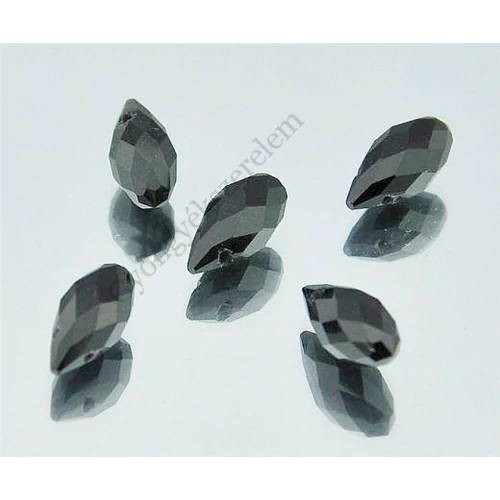 Fekete csiszolt csepp üveg gyöngy, 12x6 mm