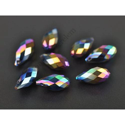 Metál színjátszó csiszolt csepp üveg gyöngy, 20x10 mm
