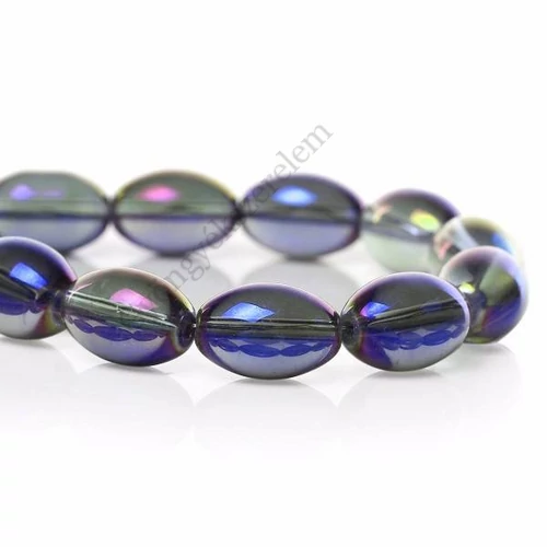 Kék lila színjátszó ovális üveg gyöngy, 15x10 mm
