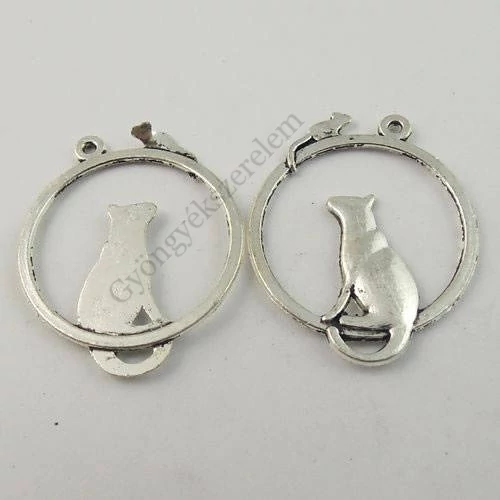 Cica, macska, egér fityegő, medál, antik ezüst színű, 32x26 mm