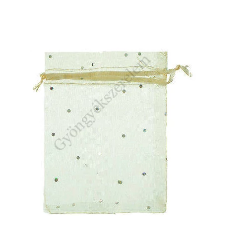Csillámos, krémsárga színű organza tasak, zacskó, 12x9,5 cm