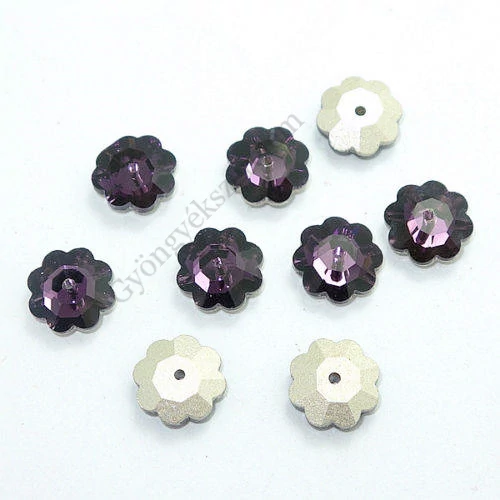 Lila, ezüst színű virág üveg gyöngy, 10x3 mm