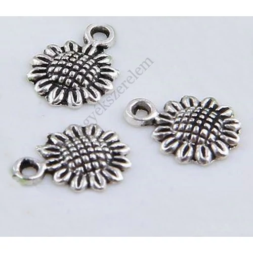 Napraforgó, virág fityegő, medál, antik ezüst színű, 12x9 mm