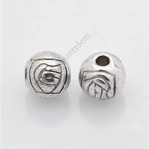 Rózsa, virág mintás golyó köztes, antik ezüst színű, 6 mm