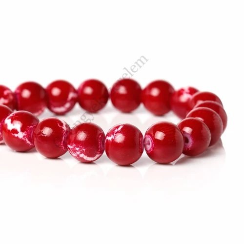 Piros, rózsaszín, repesztett mintás üveg gyöngy, 10 mm