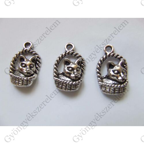 Cica, macska, kosár fityegő, medál, antik ezüst színű, 21x14 mm