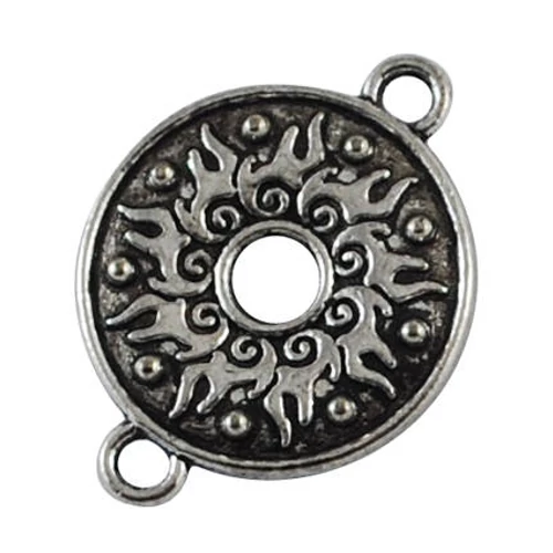 Kerek, mintás összekötő, medálalap, fülbevalóalap, antik ezüst színű, 27x20 mm
