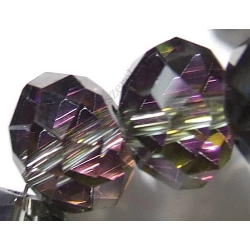 Fél fekete, lila, zöld csiszolt üveg gyöngy, fánk, abakusz, 10x8 mm