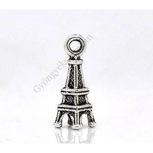 Eiffel torony fityegő, medál, antik ezüst színű, 17x6x6 mm