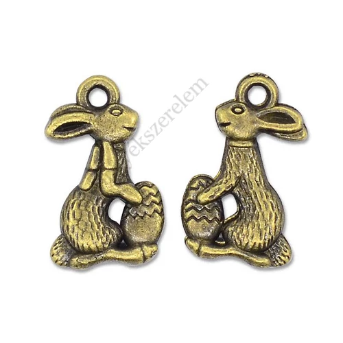 Húsvéti nyuszi és tojás fityegő, medál, antik bronz színű, 18x11 mm