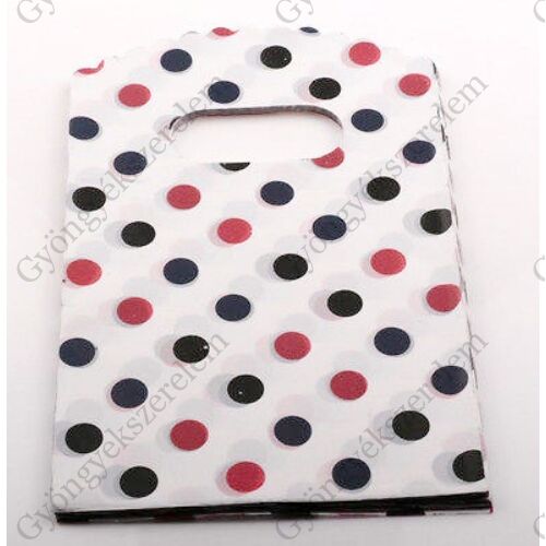 Piros fekete pöttyös fehér műanyag kis tasak, táska, ajándék zacskó, 14,5x9 cm
