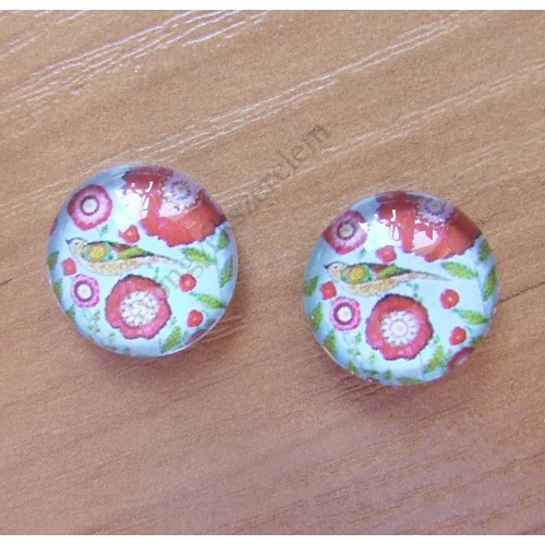 Madár, virág mintás üveglencse, kaboson, 18 mm