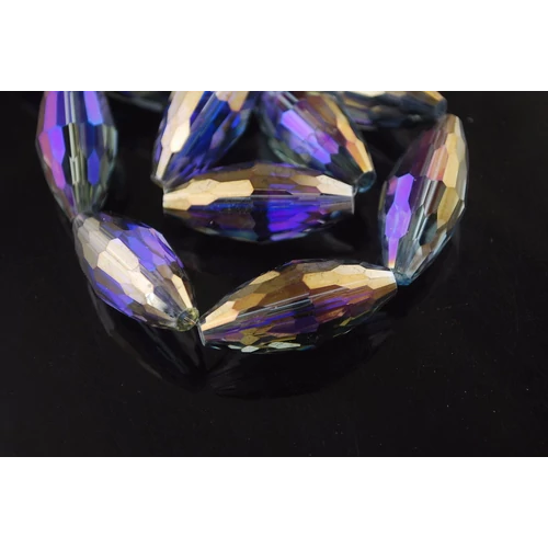 Óriás kék, lila, sárga színjátszó csiszolt rizs üveg gyöngy, 35x15 mm