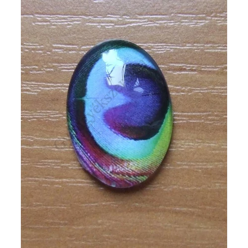 Páva toll mintás üveglencse, kaboson, 25x18 mm