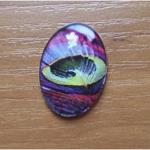Páva toll mintás üveglencse, kaboson, 25x18 mm