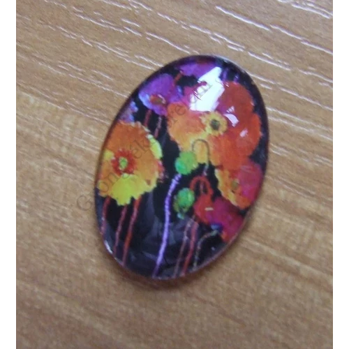 Színes pipacs, virág mintás üveglencse, kaboson, 25x18 mm