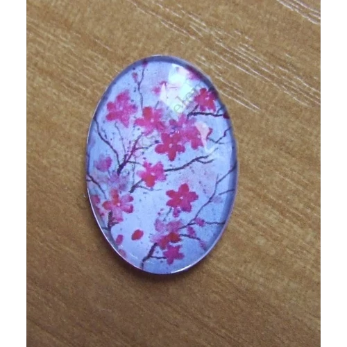 Cseresznye virág mintás üveglencse, kaboson, 25x18 mm